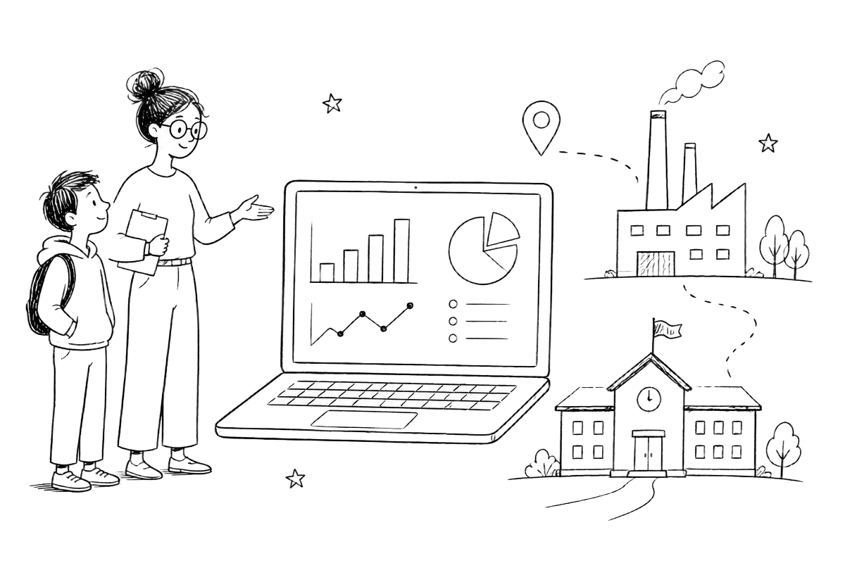Ilustrasi guru dan siswa meninjau dashboard magang bersama sekolah dan perusahaan mitra